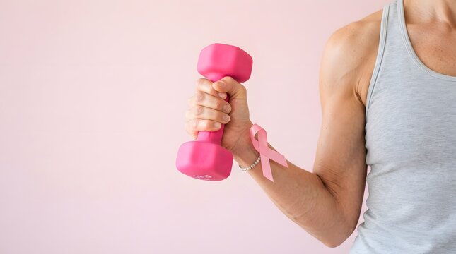 A woman holding a pink dumbbell while wearing a pink ribbon to support the breast cancer awareness month pink ribbon campaign for health and fitness
