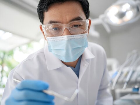 Professional Dentist Wearing Protective Gear Examining Patient Teeth in Modern Dental Clinic