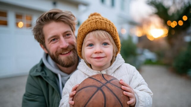 A loving father and son duo, smiling widely as they hold a basketball together, showcasing the bond shared through playful activities and joyful family moments in an outdoor setting.