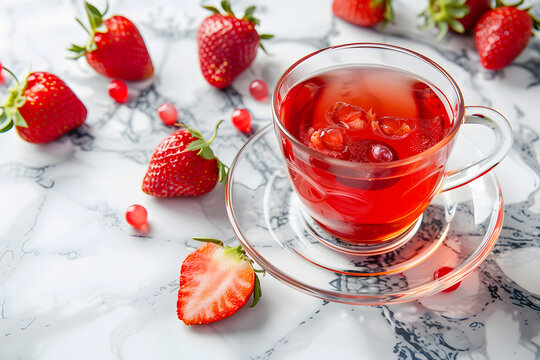 Vibrant red herbal fruit berry tea in glass cup served with fresh organic ripe strawberries and pomegranate seeds on luxury white marble background healthy morning wellness beverage drink infused