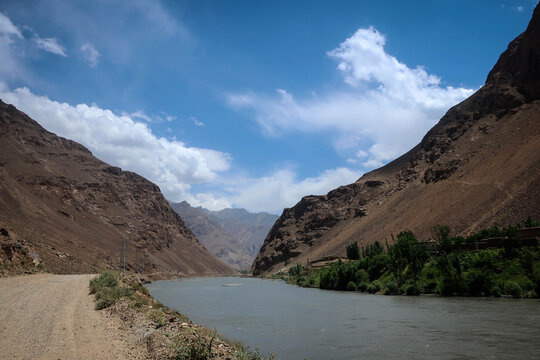 View of Panj River near Khorog town, Afghan-Tajik border, Tajikistan