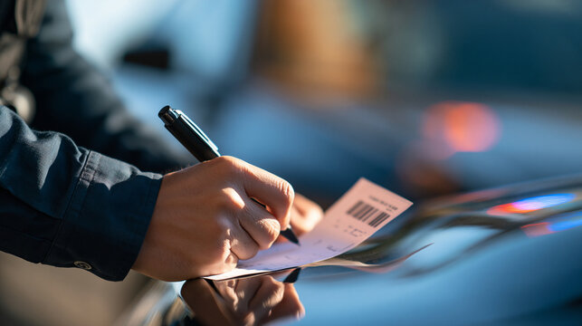 cropped view of a police officer's hand writing a fine ticket beside a car on a bright sunny road, clean asphalt highway, clear sky, registration check concept, speeding violation
