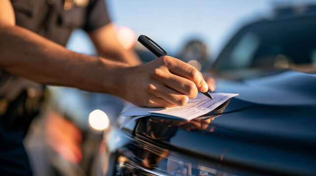 cropped view of a police officer's hand writing a fine ticket beside a car on a bright sunny road, clean asphalt highway, clear sky, registration check concept, speeding violation