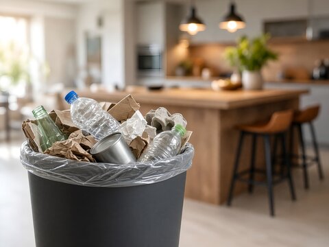 Household Trash Bin Filled with Recyclable Waste Materials Located in a Modern Home Kitchen