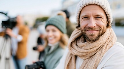 Fototapeta premium A happy man engages with friends during a photography session, illustrating camaraderie and the joys of shared experiences in a warm and inviting outdoor setting.