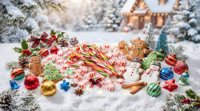 Festive Christmas holiday decorations in winter snow. Gingerbread cookies, candy canes, ornaments. Merry xmas celebration in snowy forest with background copy space isolated PNG with Transparent