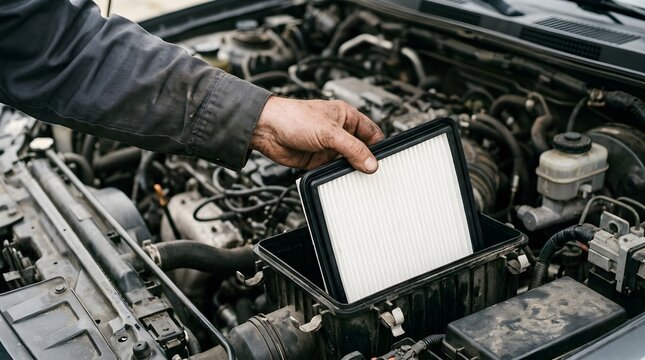 Mechanic Hand Replacing New Clean Engine Air Filter in a Car for Regular Maintenance