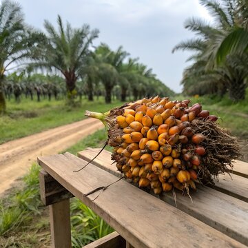 Oil palm fruit bunch placed on wooden table in plantation
