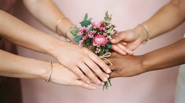 Diverse women joining hands together holding a small bouquet of flowers to support the annual breast cancer awareness month pink ribbon campaign for global health