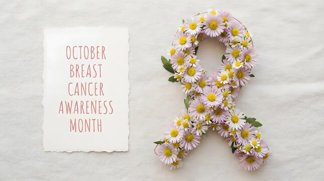 A beautiful floral arrangement shaped as a breast cancer awareness month pink ribbon next to a handwritten card on a soft white textured fabric background