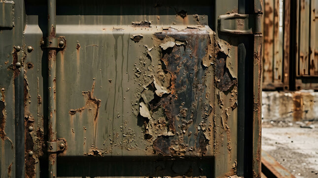 Weathered shipping container metal texture | Rusted green industrial cargo box surface | Close up of peeling paint and corrosion on steel | Grunge background of aged transport container