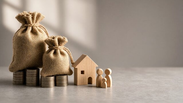Financial Planning Concept with Money Bags and Wooden House Model for Family Security