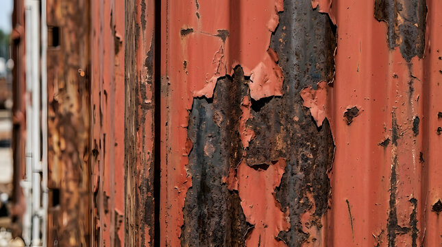 weathered red shipping container texture | peeling paint and rust on metal surface | industrial decay close up background | corrugated steel cargo container corrosion