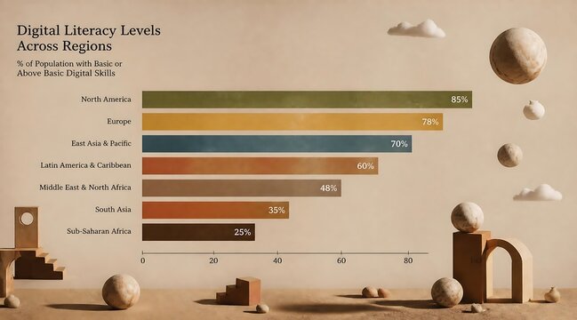 Elegant horizontal bar chart infographic comparing digital literacy levels across global regions, featuring minimalist 3D geometric abstract elements and floating spheres on a warm background