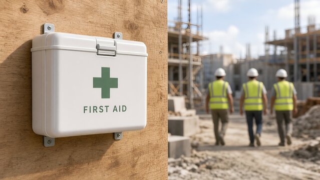First Aid Kit Mounted on a Wooden Wall at a Busy Construction Site with Workers in the Background