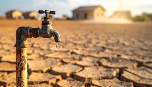 A rusty old tap with a single drop of water falling onto severely cracked, dry earth, symbolizing severe drought, climate change, and global water scarcity