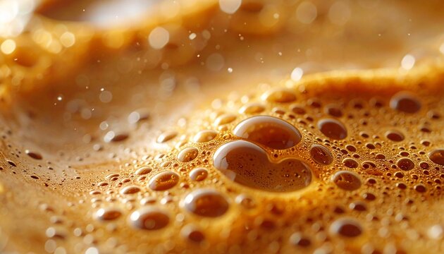 Detailed macro view of frothy coffee, revealing a mesmerizing composition of countless bubbles and a creamy, inviting texture, ideal for gourmet and beverage themes