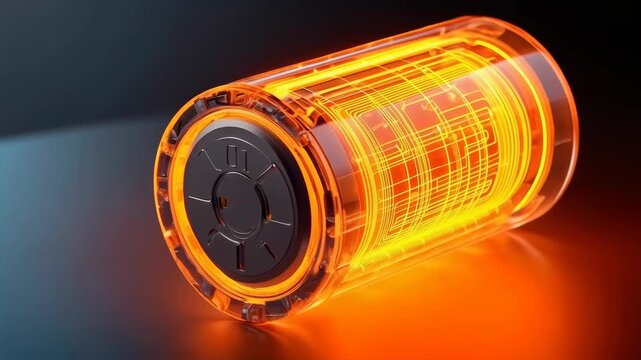Transparent Cylindrical Energy Device with Glowing Orange Copper Circuitry Reflective Dark Surface