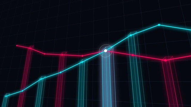 Abstract digital data visualization with neon glowing red and blue trend lines on a dark grid background