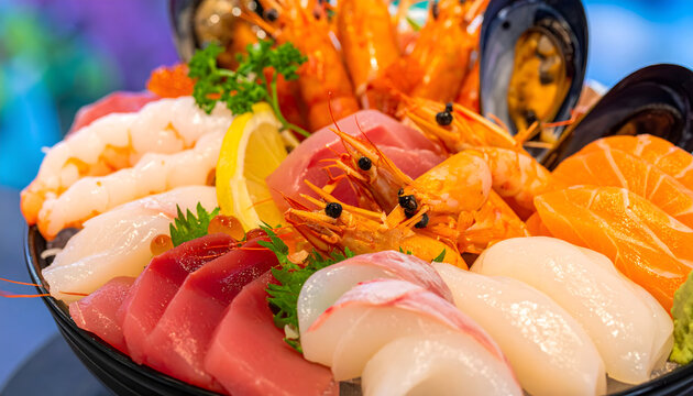 Colorful assorted sushi platter with shrimp and sashimi