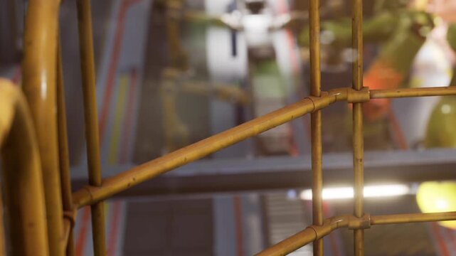 A bamboo railing is seen on a staircase. People move around in the background. The setting appears to be a lively indoor space. Bright lights are visible.