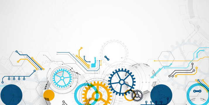 Abstract technology background with colorful gears, circuit board elements, geometric circles, and futuristic mechanism concept. Vector.
