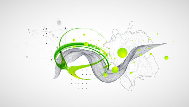 Abstract background with fluid green shapes, wireframe 3D grid wave, topographic lines and plexus network