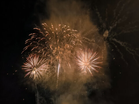 Fuegos artificiales dorados y destellos que iluminan el cielo nocturno en una espectacular exhibici&oacute;n pirot&eacute;cnica de celebraci&oacute;n.