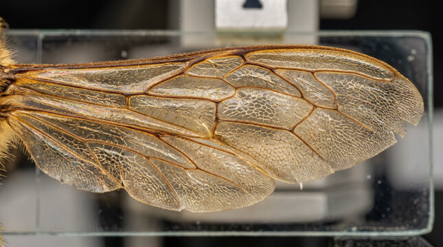 Close-up image of a translucent insect wing displaying intricate veins and detailed texture.