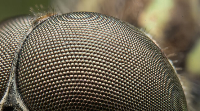 Close-up macro image of a compound eye, showing detailed hexagonal facets and fine hairs.
