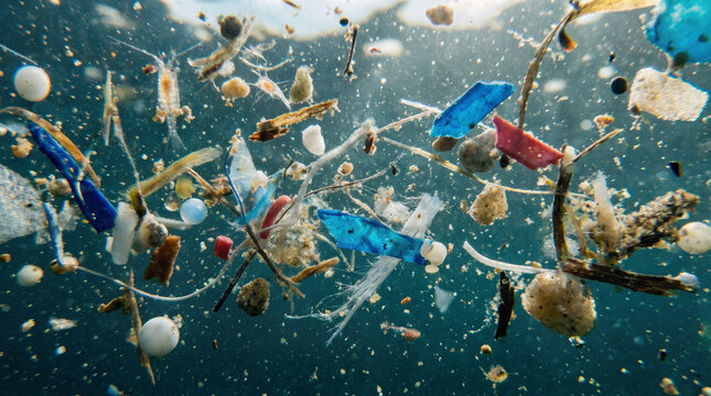 Underwater image showing floating plastic debris and pollution in the ocean, highlighting environmental contamination and marine ecosystem threats.
