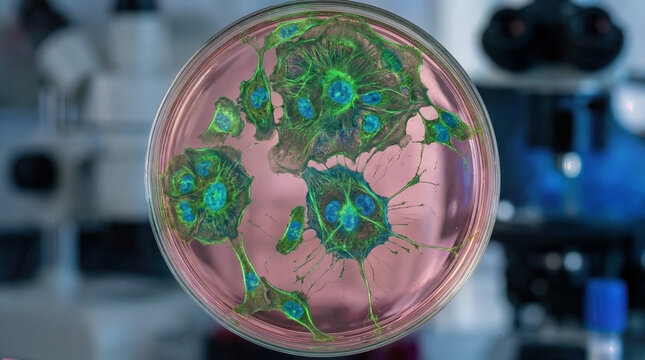 Fluorescent-stained cells viewed under a microscope in a petri dish, highlighting cellular structures in green and blue.