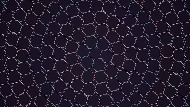 Glowing iridescent hexagonal grid pattern with interconnected light lines forming a complex geometric data network structure