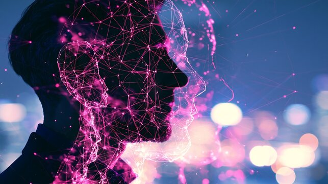 Abstract AI neural network overlaid on human profile silhouette with city bokeh
