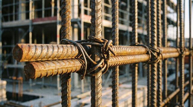 Close-up of tied steel reinforcement bars forming a rigid construction framework, highlighting metal connections and structural strength.
