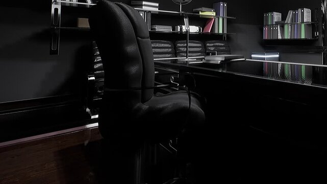 The office has a black chair next to a dark desk. Shelves hold folders and books. It is quiet and appears to be after work hours with no people present.