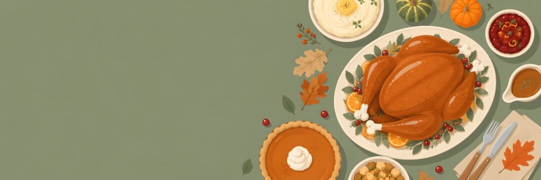 Thanksgiving dinner background with roasted turkey and pumpkin pie. Autumn holiday food banner with copy space. Festive fall meal flat lay.