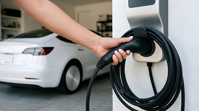 Woman holding electric vehicle charging cable at home wallbox station