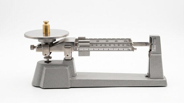 Classic triple beam balance scale, mass measurement physics concept on white background
