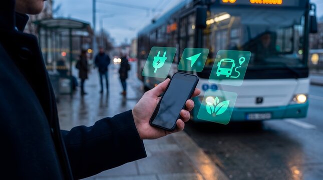 Commuter using smart city mobile app for electric bus tracking and sustainable public transportation navigation in urban environment