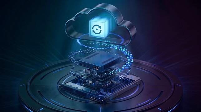 Server hardware backup and disaster recovery system uploading data to secure cloud storage infrastructure on futuristic glowing pedestal