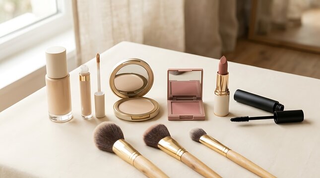 Collection of various makeup products and professional cosmetic brushes arranged on a bright table surface. basic cosmetics guide