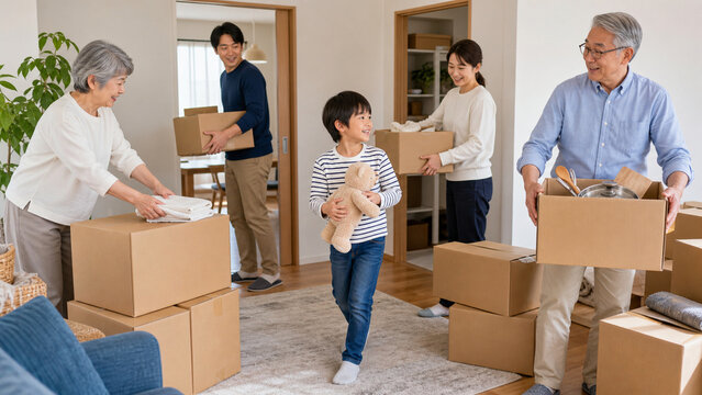 引っ越し中の居間で荷物を部屋別に仕分ける三世代の日本人家族