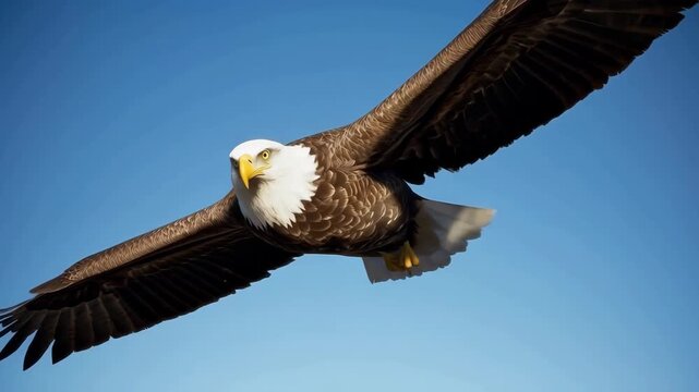 Bald Eagle Flight Across Blue Sky, Majestic Wildlife Bird Raptor With Wings Spread Wide
