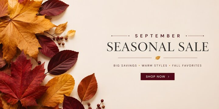 September seasonal sale banner with autumn leaves. Fall promotion background with maple foliage. Retail marketing web header.