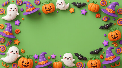Fototapeta premium Cute Halloween frame with 3D clay icons, spooky ghost and pumpkin border on green background, festive holiday copy space