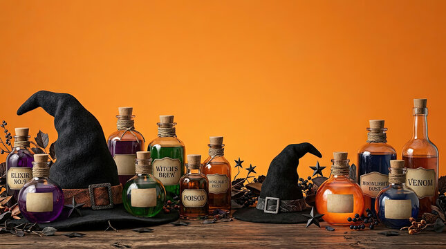 Spooky Halloween witch potion bottles, magical apothecary jars with black hats, mystical alchemy laboratory on orange background