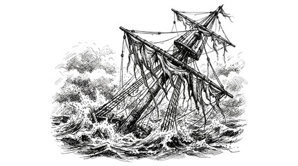 Vintage shipwreck in stormy seas, distressed sailing vessel, nautical disaster, maritime peril, antique illustration, black and white sketch © danial