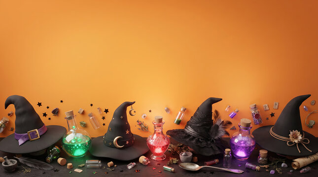 Halloween witch hats and magic potions, mystical wizard accessories on orange background, spooky alchemy still life with copy space