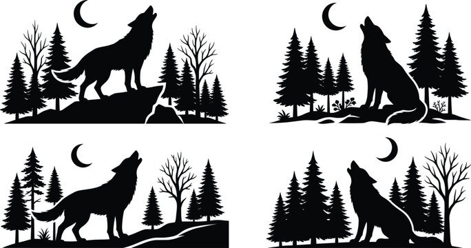 Black wolf silhouette collection howling in night forest under crescent moon for wild animal logo and t-shirt design, 19 words.